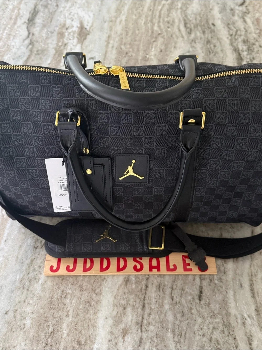 AIR JORDAN MONOGRAM DUFFLE BAG LUGGAGE JACQUARD BLACK GOLD GRATITUDE RETRO 11